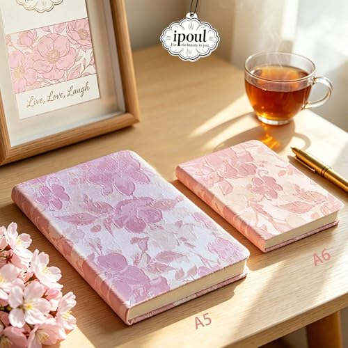 Pink Notebook, A5, Ruled Journal, Hardcover, Lay-flat, Embroidered Flower Journal, Beautiful Journal, Cute Notebooks for Women, Gift for Her, Writing Journal, Gratitude Journal, Peach Blossom - color: Flower-Peach Blossom