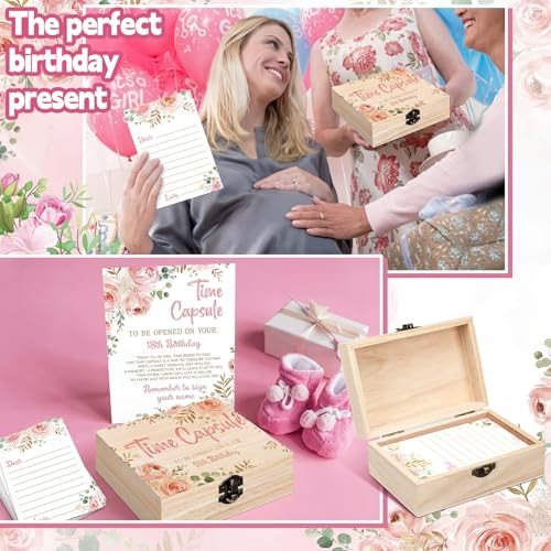 Fuutreo Time Capsule Box 1st Birthday Time Capsule First Birthday Party Games, 1st Activities for Guests, Advice and Wishes Cards Gift Keepsake for Party Supplies (Pink Flower) - style: Pink Flower