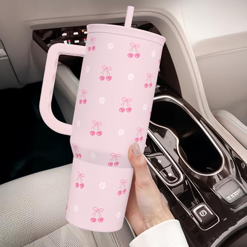 SANDJEST Cherry 40oz Slider Tumbler with Handle and Straw - Insulated Stainless Steel Travel Coffee Mug for Women Girls, Gift for Birthday Christmas - color: Cherry