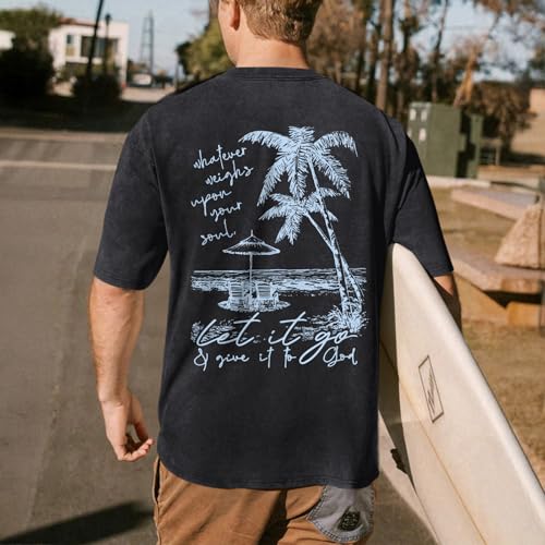 Christian Jesus Shirts for Men Hawaiian Beach T Shirts Vintage Bible Verse Faith Acid Wash Palm Trees Graphic Tees - color: Black, size: Small