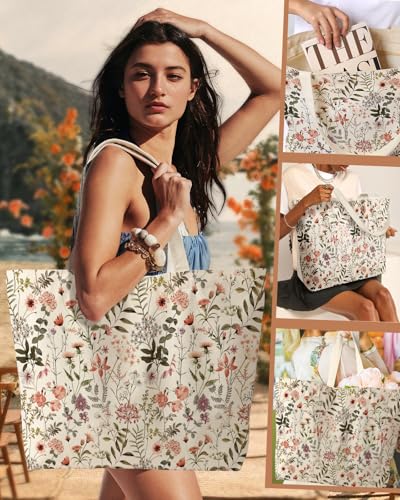 Miss Adola Large Tote Bag for Women - Canvas Tote Bag with Zipper Aesthetic Reusable Shoulder Bag for Gym, Travel, Work - style: Pk Flower Shrubs