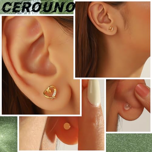 CEROUNO Flat Back Stud Earrings - 925 Sterling Silver Post Flatback Earrings Gold Silver Cubic Zirconia Earrings Studs for Women - color: Gold Heart