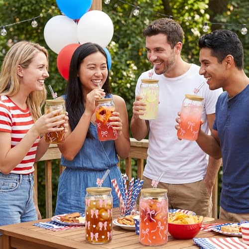 Glass Cups with Lids and Straws, 6Pack, 16oz, Pink Bow - style: Pink Bow