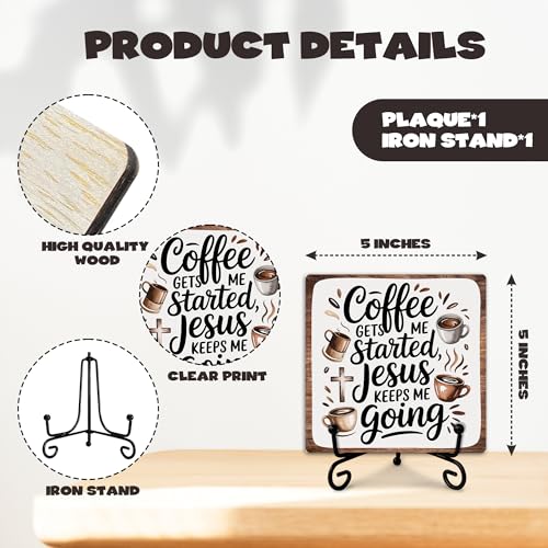 Coffee Gets Me Started Jesus Keeps Me Going Wooden Sign Decor, Rustic Wooden Plaque Sign With Iron Stand,Christian Home Office Bar Desk Shelf Decorations - style: Coffee