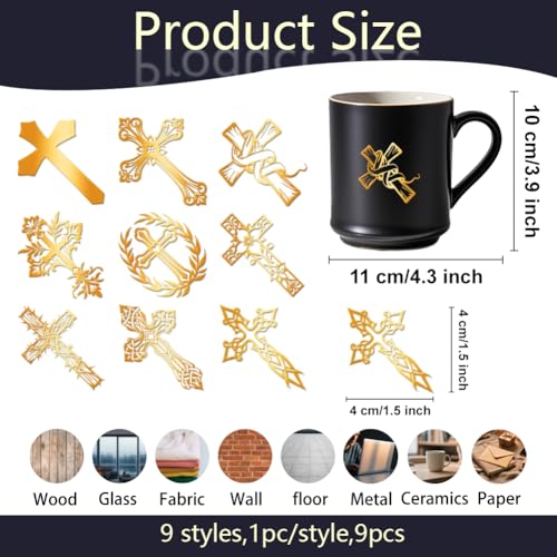 9Pcs Golden Metal Stickers 1.6x1.6inch Gold Cross Stickers Self-Adhesive Scrapbooks Sticker Waterproof Epoxy Decals for Scrapbooks DIY Resin Crafts Phone Water Bottle Decoration - style: cross