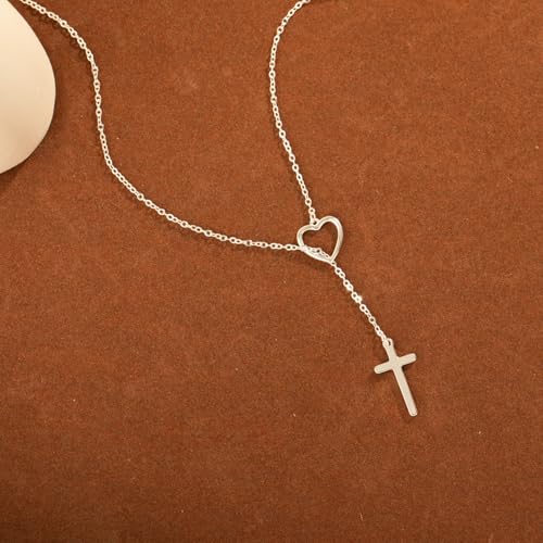 Cross Necklace for Women, Dainty 14K Gold Plated Cross Pendant Simple Long Necklaces for Women, Christian Faith Necklace Trendy Gold Jewelry Gifts for Easter - color: silver heart infinity cross necklace