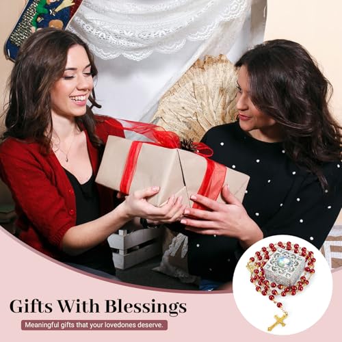Red and Gold Pearl-Style Rosary Necklace with Metal Gift Box, 8mm, 22 Inch - color: Red