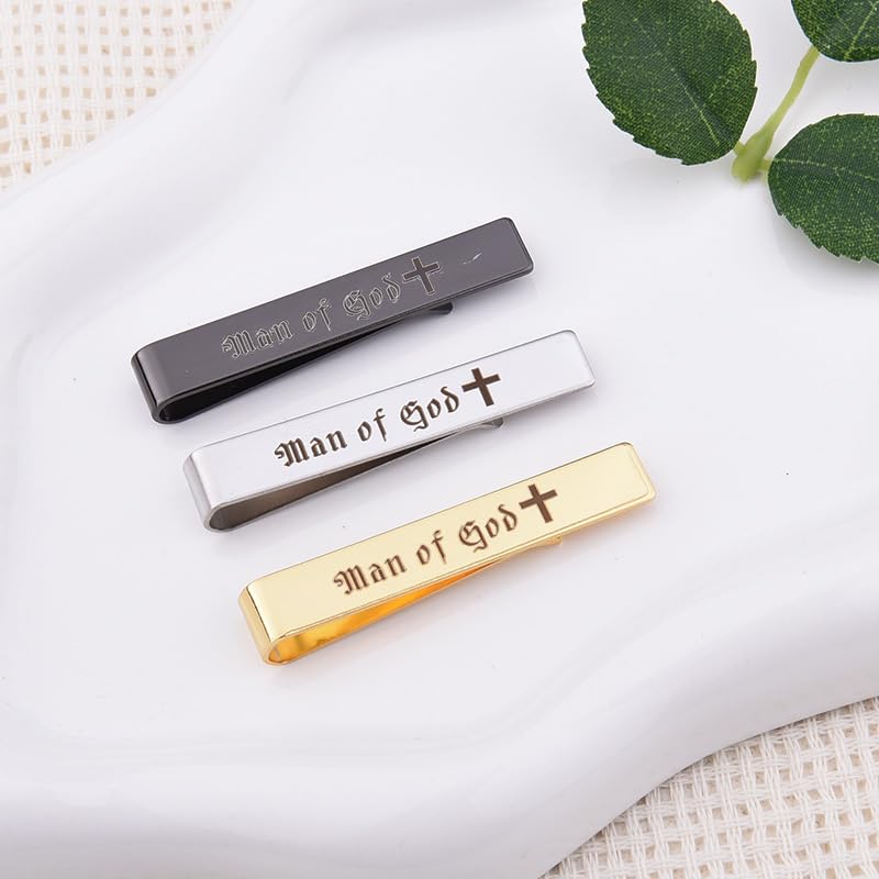 Man Of God Tie Clips 3 Set - Godfather Godson Christmas Engraved Gifts for Men Son Husband Dad Birthday Gifts from Wife - style: silver & gold & black