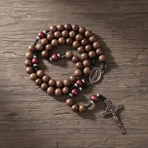 Nazareth Store Classic 10mm Solid Wood Rosary Beads Necklace for Men Olive & Dark Red Wooden Strong Rugged Corded Catholic Rosary with St.Benedict Medal & Cross Crucifix - color: Olive & Dark Red Wood, style: Guadalupe