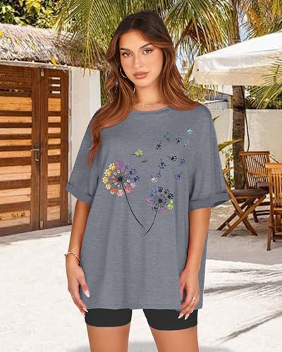 Oversized Tshirts for Women Summer Graphic Short Sleeve Tops Casual Shirts - color: Aa Dandelion Print Grey, size: X-Large