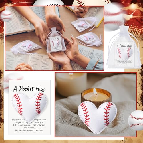 Hollowfly 12 Set Baseball Pocket Hug Heart Shape Stitching Pocket Hug with Inspirational Cards and Organza Bags Encouragement Gifts for Baseball Players Athletes Teams Sports Lovers Coaches Graduation - style: Baseball Heart