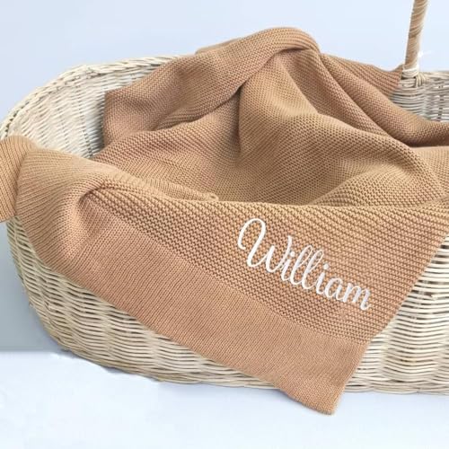 IZI POD Personalized Knit Baby Blanket, Embroidered Name Nursery Blanket, Cotton Knit Stroller Blankets, Gift for Baby, Birthday - Style 7 - color: Custom 2