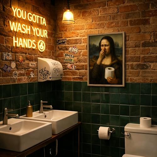 Framed Funny Mona Lisa Bathroom Canvas Wall Art Humor Mona Lisa Pinching Nose Wall Decor Amusing Toilet Artwork Posters Pictures Celebrity Classical Vintage Painting Prints for Washroom Restroom-16×24inch - color: Mona Lisa-B, size: 24"L x 16"W