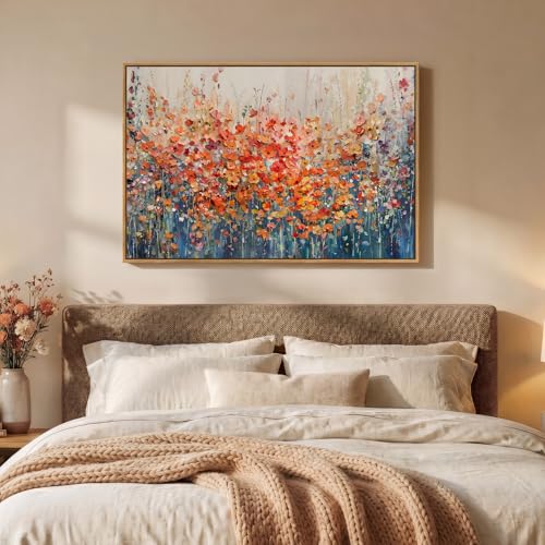 Framed Modern Abstract Colorful Flower Wall Art for Living room, 24x36 In - color: Orange & Blue