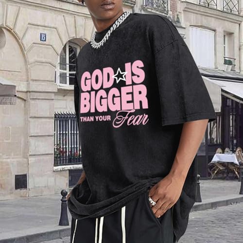 Oversized Christian Shirts for Men Vintage Faith Acid Wash Tshirts God is Bigger Graphic Tees Religious Bible Shirt - color: Black, size: Small