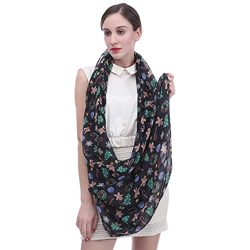 Lina & Lily Holiday Christmas Pattern Print Women's Infinity Scarf Lightweight - color: Black, Xmas Gingerbread Man Reindeer
