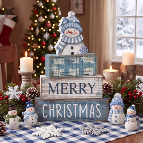 Lineshading 4 Pcs Christmas Table Decor, Blue Snowman Wooden Block Signs - style: Blue Snowman