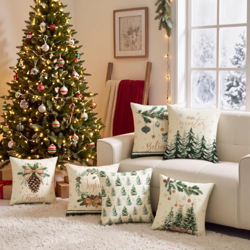 FuWeave 6 Set Christmas Throw Pillow Covers 18x18 Inch Neutral Winter - style: Christmas Tree