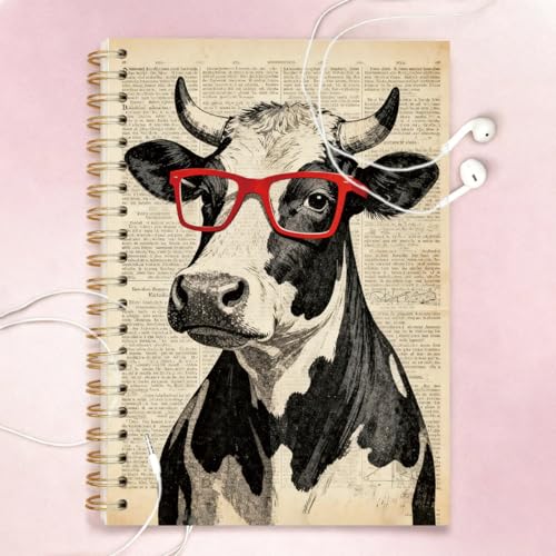 Funny Vintage Cow Spiral Notebook for Women & Teen Girls, Retro Farmhouse Journal with Red Glasses, 5.5x8.3 Inch Lined Notebook for School, Office, Writing & Gifts - color: Vintage Cow