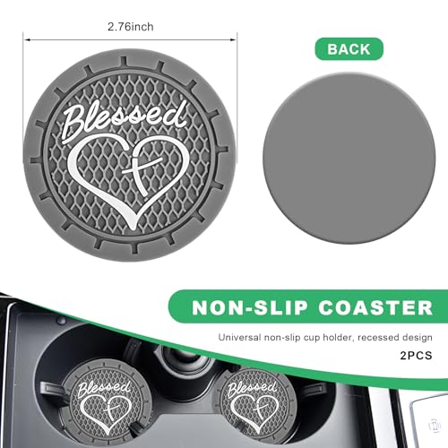 2 PCS Car Cup Holder Coaster, 2.76 Inch Non-Slip Auto Drink Mats with Blessed Cross and Heart, Shockproof Christian Cup Insert Coaster for Most Vehicles, Car Accessories (Gray) - color: Gray