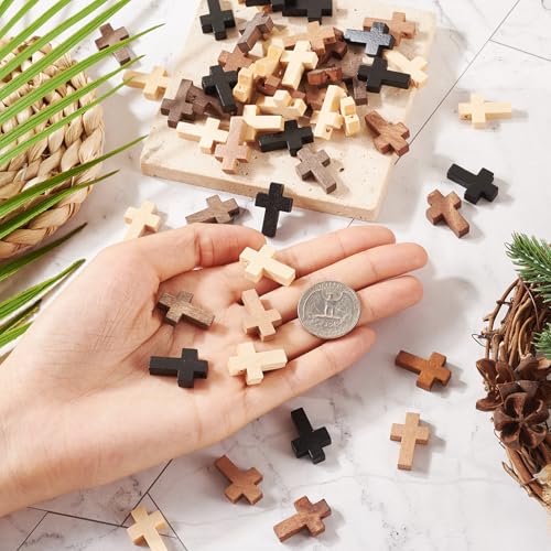 Beadthoven 100pcs Natural Wood Cross Pendants Mini Small Wooden Cross Beads Assorted Jesus Crucifix Cross Charms Hanging Ornaments for Jewelry Making Necklace Bracelet Earring DIY Crafts Easter Holiday - color: Camel