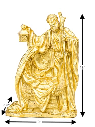 Holy Family Nativity Statue Resin Christmas Tabletop Decor Metallic Gold Religious Figurine for Mantel Shelf Centerpiece Christian Home Decorations 12" x 9"