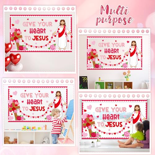 Valentine's Day Jesus Bulletin Board Set Valentines Religious Christian Classroom Decorations Give Your Heart to Jesus Love Heart Rose Cross Paper Cutouts for Sunday School Home Chalkboard Wall Decor - style: Valentines Religious