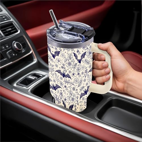 40 Oz Halloween Tumbler, Beige Bat Goth Water Bottle with Handle & Straw - color: Beigebat-Wite