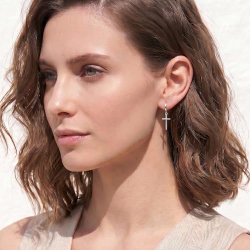SLUYNZ 925 Sterling Silver Cross Hoop Earrings for Women Teens Cross Huggie Hoop Earrings Dangle - color: A-SILVER
