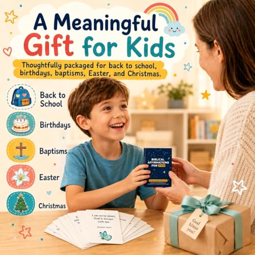 Prayer Cards for Kids, 62 Bible Verse and Biblical Affirmation Cards, Back to School, Lunchbox Notes for Kids, Christian Scripture Cards for Daily Devotion, Bible Study, Sunday School, VBS and Homeschool