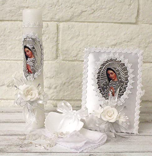 Handmade 5 Piece Our Lady Guadalupe Virgin Mary Candle Set, White