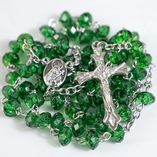 Rosary Beads Catholic for Women - Pearl Beads with Classic Cross, Virgin Mary Zippered Prayer Box, First Communion Gifts, Baptism Confirmation Jewelry - color: Pontmain-Green