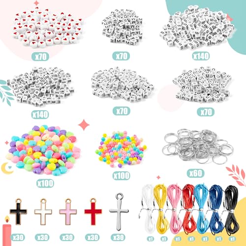 WATINC DIY Christian Bead Keychain Kits - Jesus Love Me Cross Beads Cute Key Chain Bag Charm Bracelet Making Craft Kits, Jewelry Accessories Winter Festival Party Gift Favor for Women Men (877Pcs)