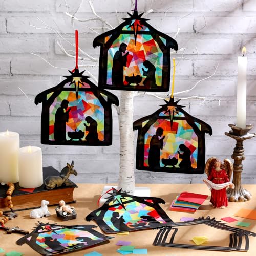 Eersida 32 Pcs Christmas Nativity Craft DIY Stained Glass Sun Catcher - style: Christmas B