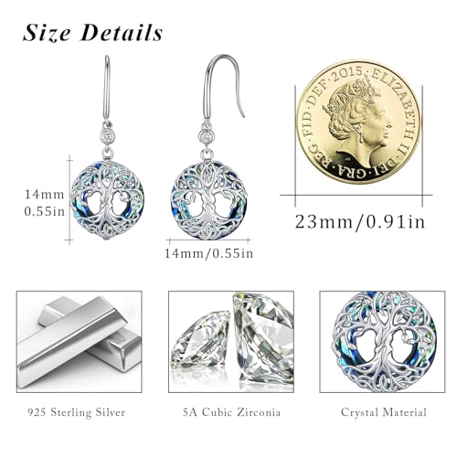 Tree of Life Earrings 925 Sterling Silver Family Tree Dangle Drop Earrings Blue Circle Crystal Jewelry Birthday Christmas Gifts for Women Mom - color: Blue