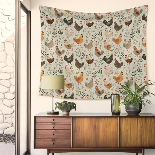 HUGANE Rustic Chicken Floral Tapestry, Farmhouse Chicken Flower Wall Tapestries, Cottagecore Botanical Farm Animal Rooster Hen Hanging Wall Decor for Bedroom Living Room Home Kitchen - color: colour-01