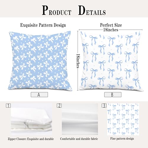 Coquette Blue Bow Throw Pillow Covers 18x18, Coquette Girly Room Decor, Preppy Blue Aesthetic Ribbon Bow Decorative Pillow Covers for Girls Bedroom Dorm Apartment, Set of 2 - color: Colour -G