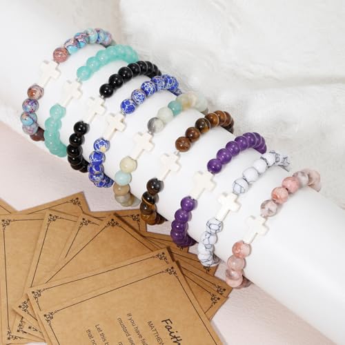 YVVLEE 9Pcs Cross Bracelets for Women Men Natural Stone Beaded Christian Bracelets Set Religious Cross Beads Bracelet Faith Easter Bracelets Jewelry