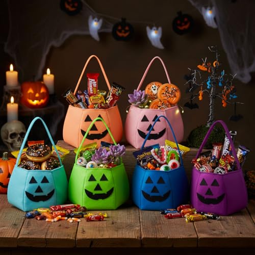 SilTriangle 8 Pcs Pumpkin Trick or Treat Buckets Felt Pastel for Halloween