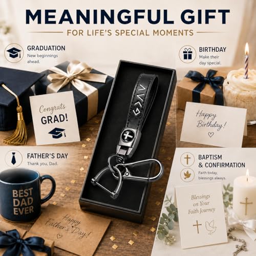 Christian Cross Leather Keychain for Men – Christian Gift for Dad Husband Son - color: Black – God is Greater