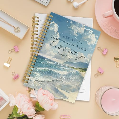 Ocean Christian Spiral Notebook, Coastal Bible Journaling Notebooks for Women Men, Religious Beach Hardcover Journals for Office 160 Pages 5.5 x 8.3 Inch, Scripture Gifts for Women Faith - color: Scenery03