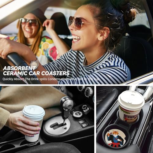Cat 2 Pack Car Cup Holder Coasters Absorbent Ceramic Drink Coasters - color: White