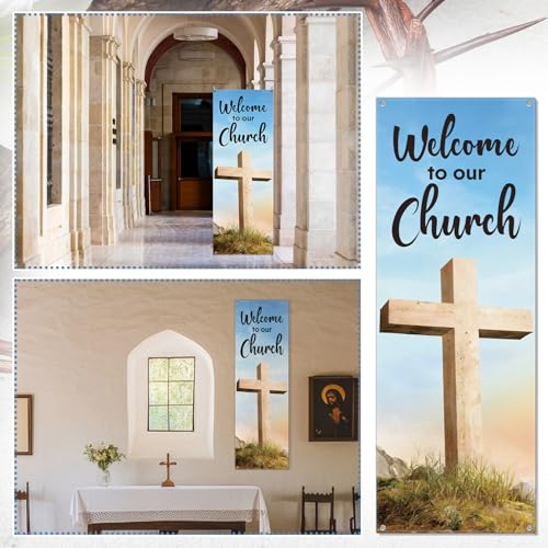 Hahafelt Welcome to Our Church Banner for Church 24 x 72 Inch Easter Adjustable X-Stand Banner Lent Ceremonies Religious Decorations Jesus Resurrection Banners for Christian Churches Supplies - size: 24 x 72 Inches, style: Welcome To Our Church,