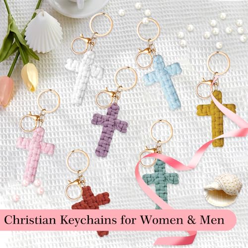 Knit Cross keychain Christian Gifts for Women Men Religious Gifts Bohe Backpack Charms Christian Keychain - color: Pink