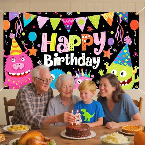 Happy Birthday Backdrop Funny Monster Black Background Photography Background 70.8x43.3in Kids Party Decorations Boys Girls - color: 04, size: 70.8 x 43.3 Inch