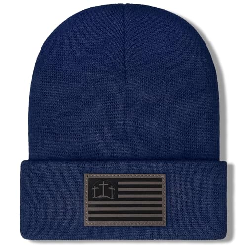 Christian Cross Beanie Hats for Men Women, Faith Winter Cuffed Hats, Religious Gifts for Thanksgiving Christmas New Years - color: Dark Blue, style: Three Cross Flag