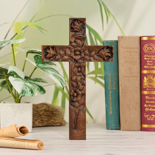 BGCarvedGrace Hand-Carved Wooden Cross Wall Decor - size: 14"L x 8"W
