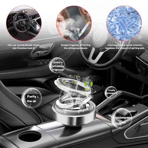 DXNQ Solar Rotating Car Air Freshener, Double Ring Solar Energy Car Dashboard Decoration Perfume Holder, Rotating Aromatherapy Diffuser Ornament for Car Home, Car Accessories (Silver)