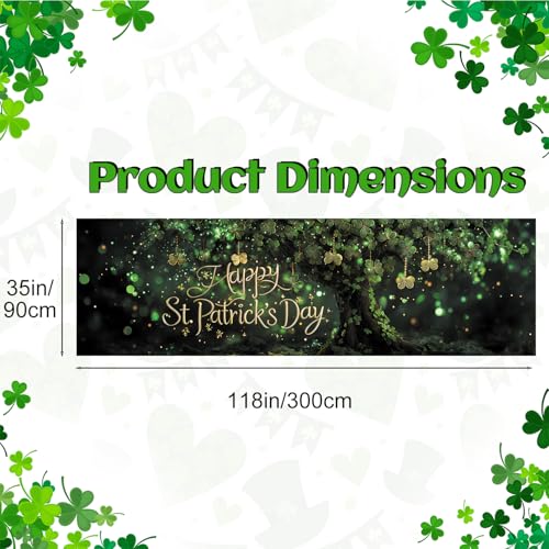 Happy St. Patrick’s Day Fence Banner 118 x 35 Inch, Large Waterproof Outdoor Irish Clover Tree Banner with Gold Script for Yard Porch Fence Party Decorations - color: 228-1