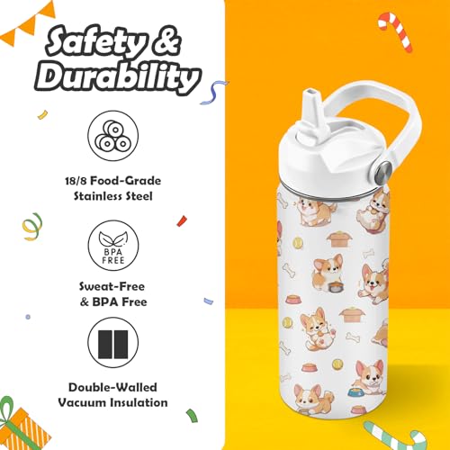 Corgi Water Bottle - Corgi 16oz Stainless Steel Water Bottle with Straw - Cute Corgis Insulated Cup for Girls Boys - Dog Kids Tumbler for School, Sports, Travel - color: Corgi01, size: 16 Ounces